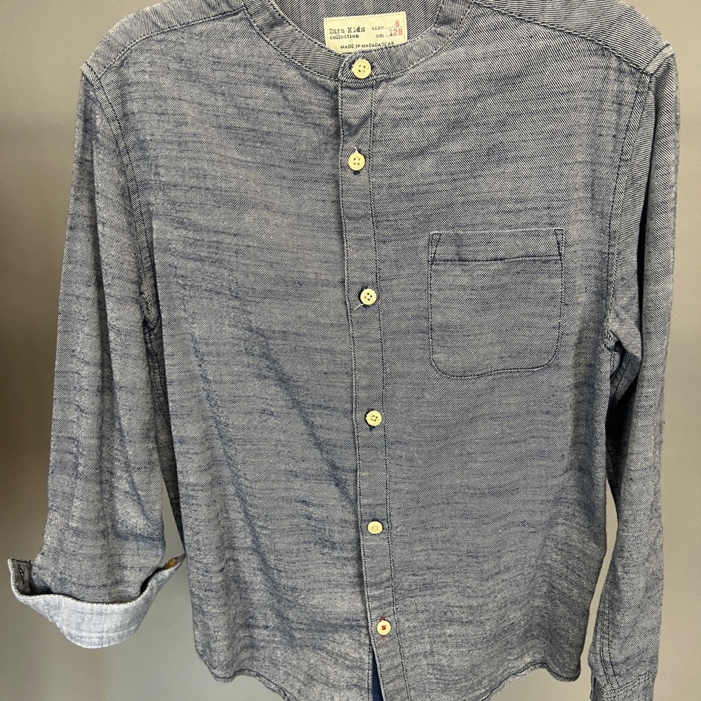Zara kids banded collar button down dark indigo chambray twill size 8 EUC